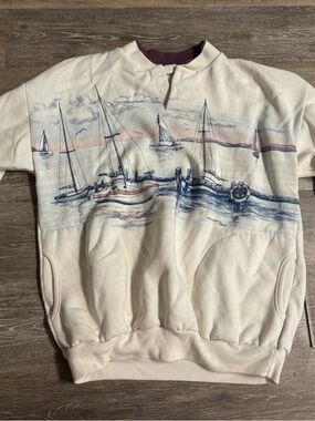 Vintage Sailboat Graphic Pullover Sweatshirt in Cream and Navy